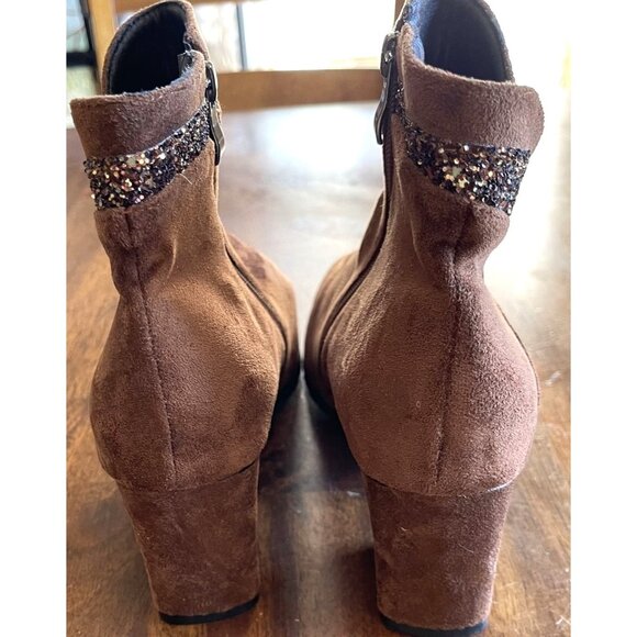 Brown Boots Womens Size 10 Suede & Glitter Ankle Boots Side Zipper & Chunky Heel - Picture 5 of 13
